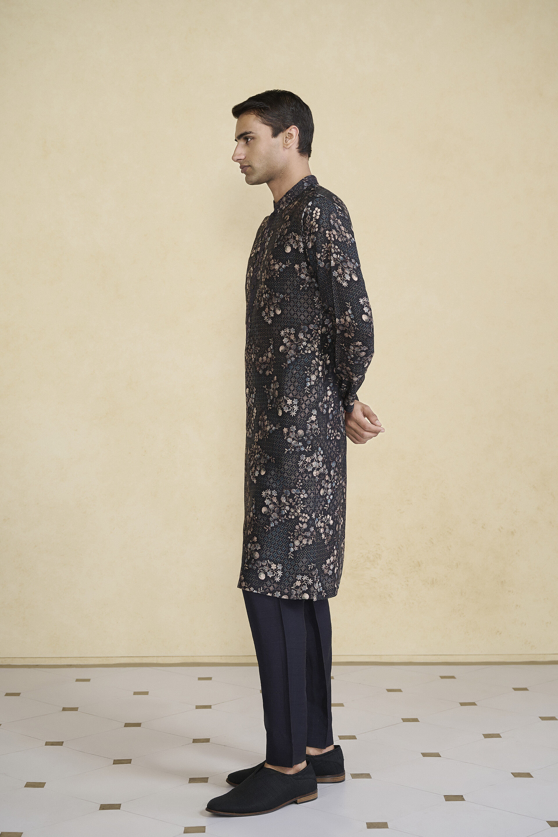 Rukham Printed Silk Kurta - Black, Black, image 3